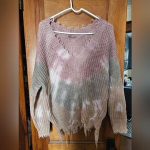 Main Strip Distressed Tie-Dye V-Neck Sweater - Mauve, Olive, Cream